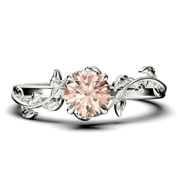 Vine Leaf Ring, Boho & Hippie 1.00 Carat Round Cut Morganite And Diamond Moissanite Engagement Ring, Wedding Ring In 10K Solid White Gold, Gift, Promise Ring For Her, Anniversary Ring