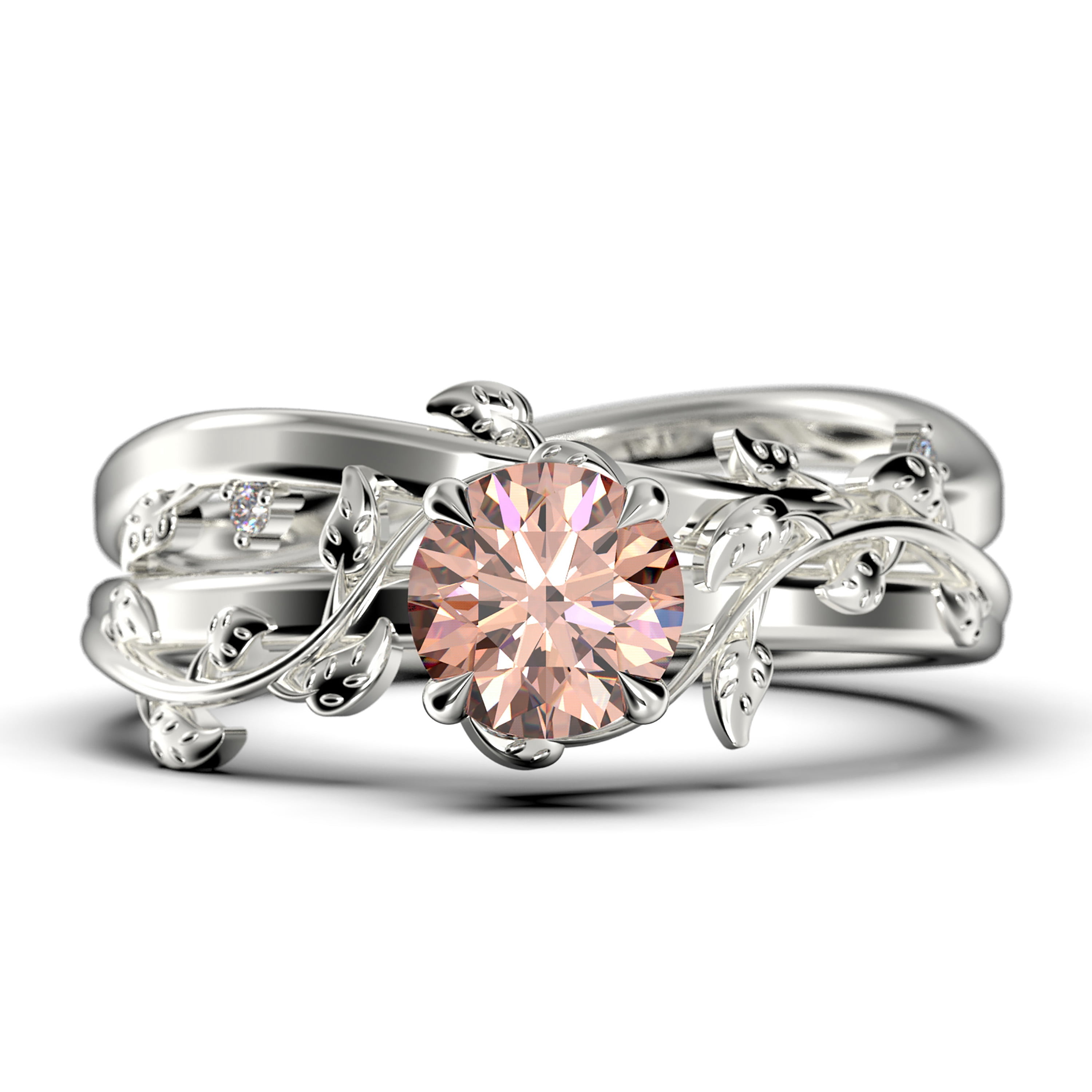 Vine Leaf Ring, Boho & hippie 1.00 Carat Round Cut Morganite And Vine Leaf Ring, Boho & hippie 1.00 Carat Round Cut Morganite And
