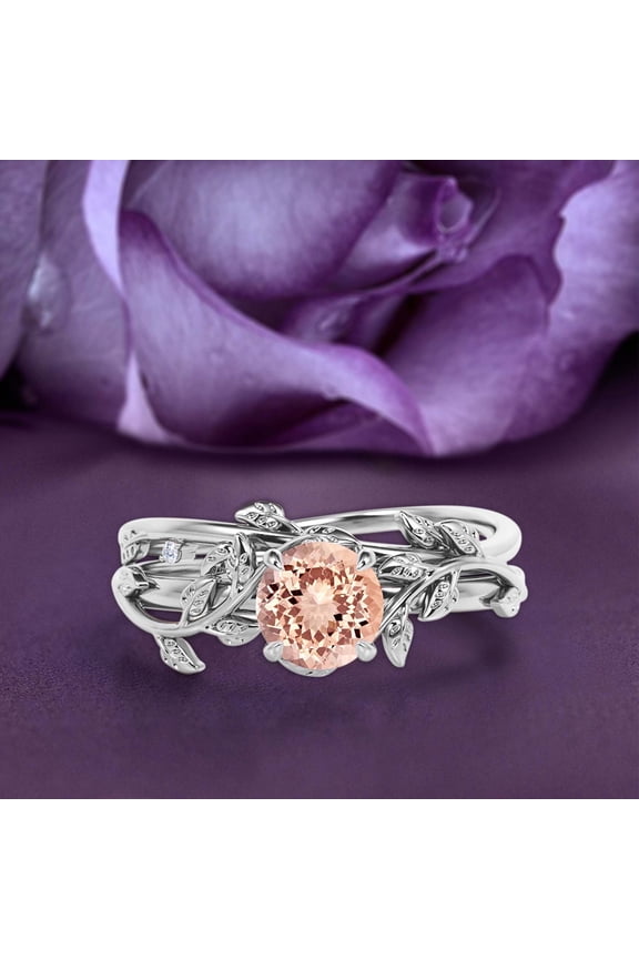Vine Leaf Ring, Boho & hippie 1.00 Carat Round Cut Morganite And Diamond Moissanite Engagement Ring, Bridal Ring, Twig Ring, Wedding Ring in 10k Solid White Gold, Fairy Promise Ring, Anniversary Ring