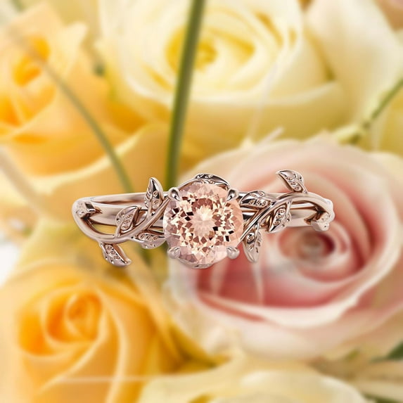 Vine Leaf Ring, Boho & hippie 1.00 Carat Round Cut Morganite And Diamond Moissanite Engagement Ring, Wedding Ring in 10k Solid Rose Gold, Gift, Promise Ring For Her, Anniversary Ring