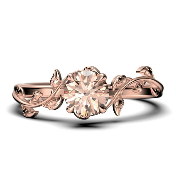 Vine Leaf Ring, Boho & hippie 1.00 Carat Round Cut Morganite And Diamond Moissanite Engagement Ring, Wedding Ring in 925 Sterling Silver With 18k Rose Gold Plating, Promise Ring, Anniversary Ring