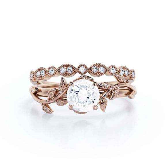Vine Leaf Ring, Boho & hippie 1.50 Carat Round Cut Diamond Moissanite Engagement Ring, Wedding Ring in 10k Solid Rose Gold, Gift, Promise Ring For Her, Anniversary Ring, Bridal Set, Matching Band