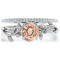 Vine Leaf Ring, Boho & hippie 1.50 Carat Round Cut Morganite And Diamond Moissanite Engagement Ring, Wedding Ring in 10k Solid White Gold, Gift, Promise Ring For Her, Bridal Set, Matching Band