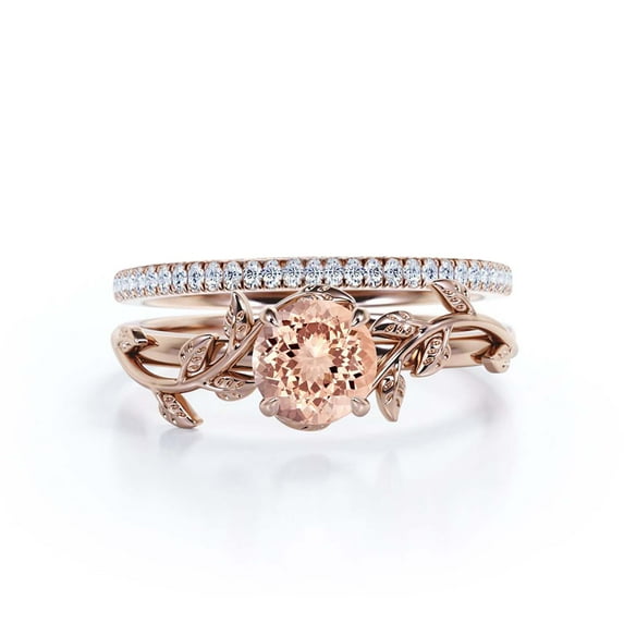 Vine Leaf Ring, Boho & hippie 1.50 Carat Round Cut Morganite And Diamond Moissanite Engagement Ring, Wedding Ring in 925 Sterling Silver With 18k Rose Gold Plating, Gift, Bridal Set, Matching Band