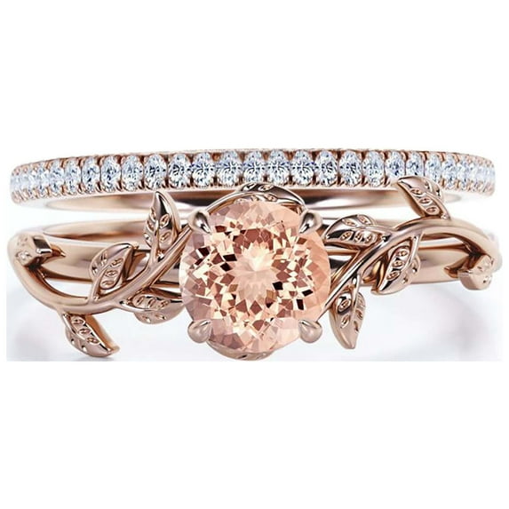 Vine Leaf Ring, Boho & hippie 1.50 Carat Round Cut Morganite And Diamond Moissanite Engagement Ring, Wedding Ring in 925 Sterling Silver With 18k Rose Gold Plating, Gift, Bridal Set, Matching Band
