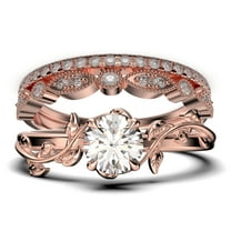 Vine Leaf Ring, Boho & hippie 2.00 Carat Round Cut Diamond Moissanite Engagement Ring, Wedding Ring in 10k Solid Rose Gold, Gift, Promise Ring For Her, Trio Set, Matching Band