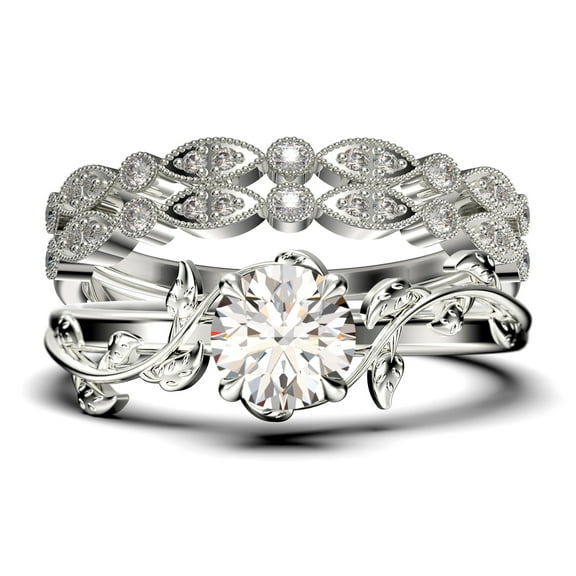 Vine Leaf Ring, Boho & hippie 2.00 Carat Round Cut Diamond Moissanite Engagement Ring, Wedding Ring in 10k Solid White Gold, Gift, Promise Ring For Her, Trio Set, Matching Band