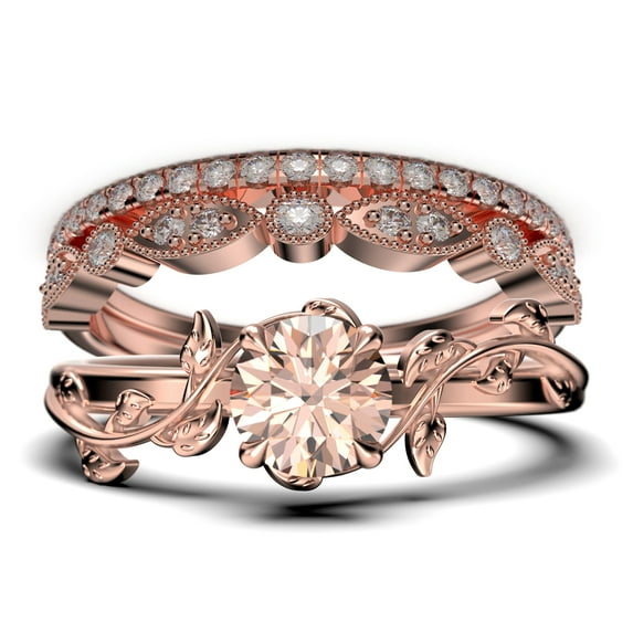 Vine Leaf Ring, Boho & hippie 2.00 Carat Round Cut Morganite And Diamond Moissanite Engagement Ring, Wedding Ring in 10k Solid Rose Gold, Gift, Promise Ring For Her, Trio Set, Matching Band