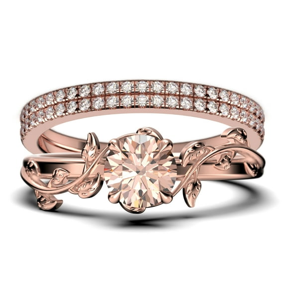 Vine Leaf Ring, Boho & hippie 2.00 Carat Round Cut Morganite And Diamond Moissanite Engagement Ring, Wedding Ring in 10k Solid Rose Gold, Gift, Promise Ring For Her, Trio Set, Matching Band