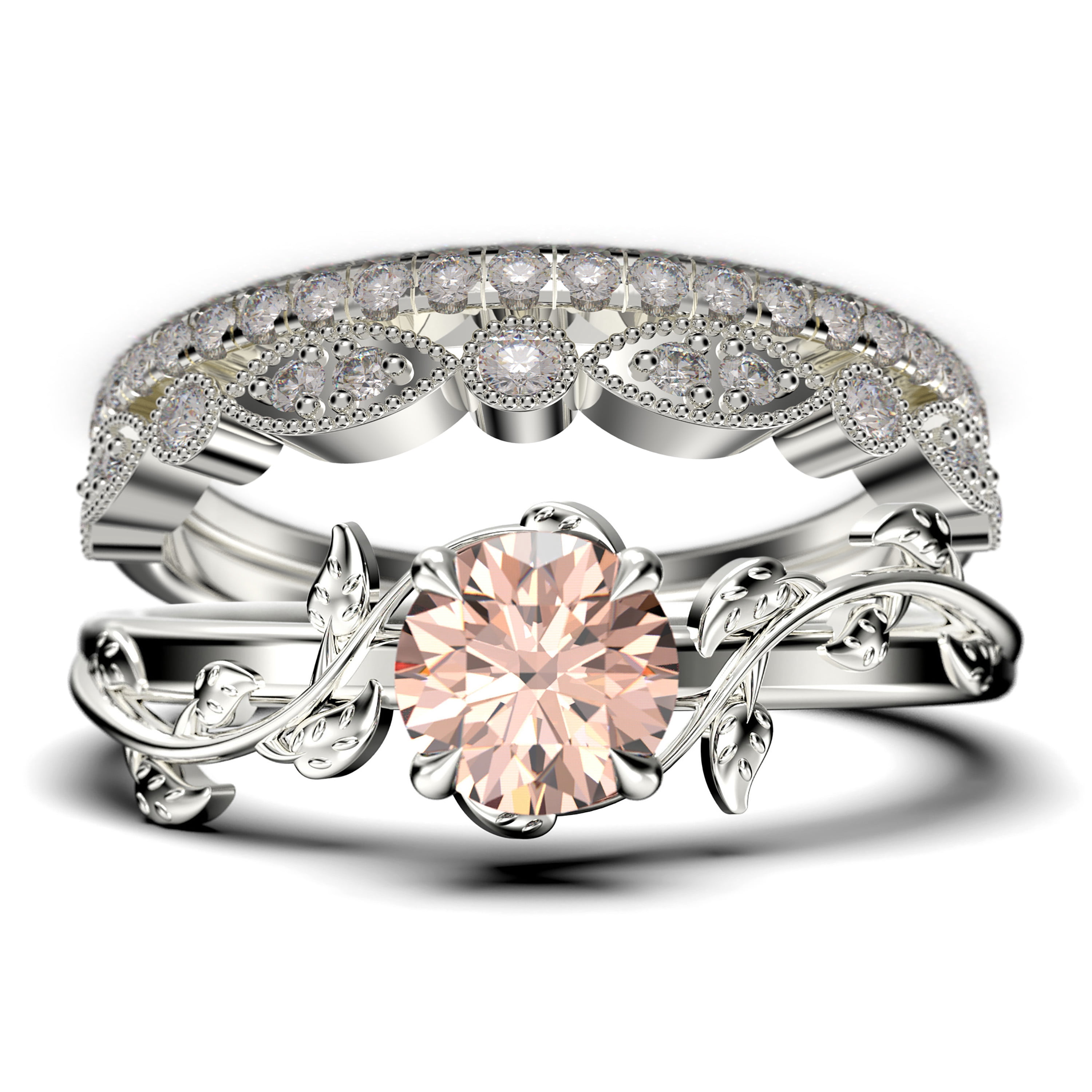 Vine Leaf Ring, Boho & hippie 2.00 Carat Round Cut Morganite And Vine Leaf Ring, Boho & hippie 2.00 Carat Round Cut Morganite And