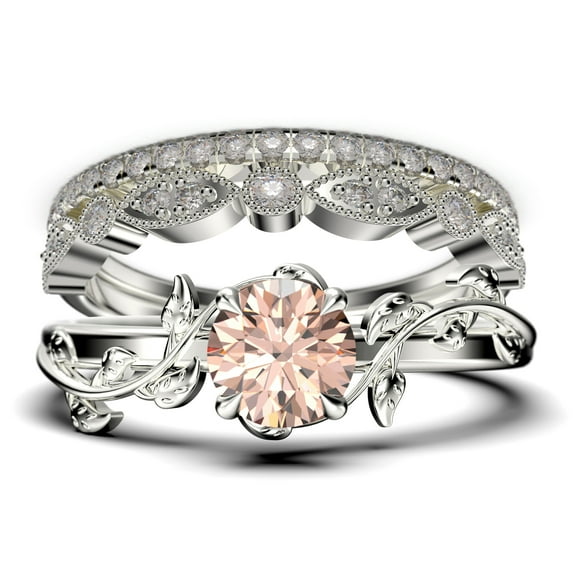 Vine Leaf Ring, Boho & hippie 2.00 Carat Round Cut Morganite And Diamond Moissanite Engagement Ring, Wedding Ring in 925 Sterling Silver With 18k White Gold Plating, Gift, Trio Set, Matching Band