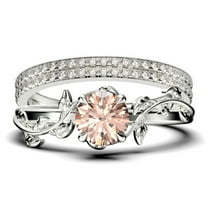Vine Leaf Ring, Boho & hippie 2.00 Carat Round Cut Morganite And Diamond Moissanite Engagement Ring, Wedding Ring in 925 Sterling Silver With 18k White Gold Plating, Gift, Trio Set, Matching Band