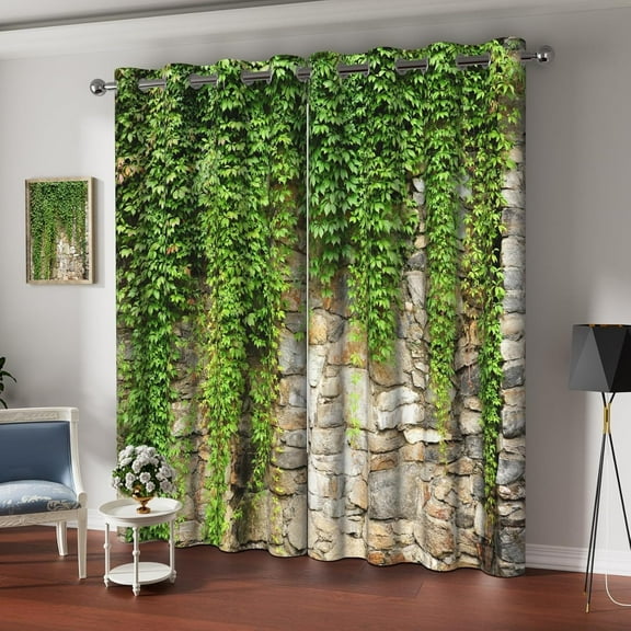 Vine Leaves Blackout Curtains Rustic Stone Brick Wall Room Darkening Curtain For Bedroom, Natural Spring Ivy Plants Window Grommet Drape For Living Room Bedroom 26"W x 84"L (Pack of 2)