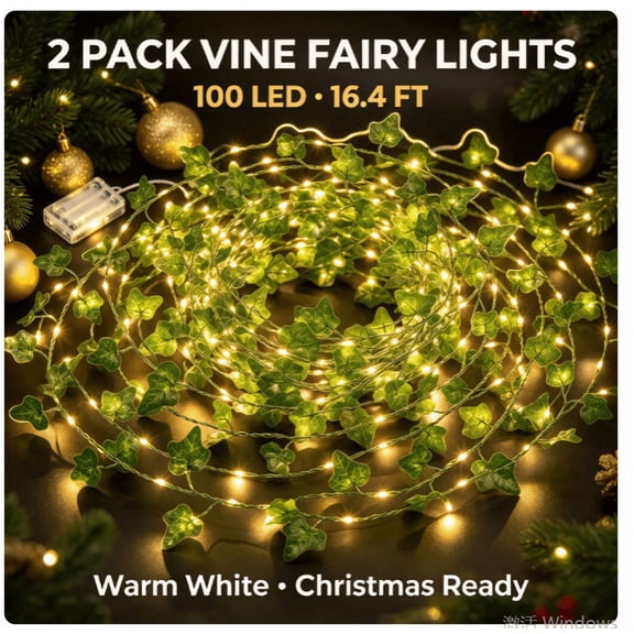 2Packs Christmas Fairy Lights with Vines LED String Lights Artificial Leafy Decor, 100LED, 16.4FT, Warm White