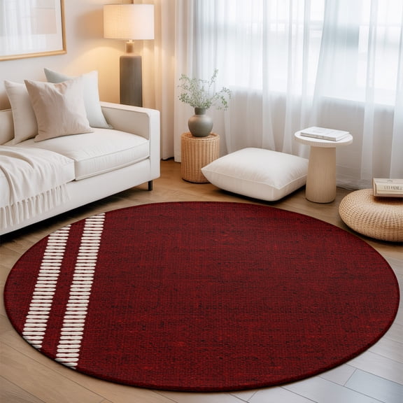 Vine Red Round Rug 6Ft Oatmeal Beige and Red Woven Fabric Texture Rustic Farmhouse Circle Area Rugs Washable Non Slip Indoor Floor Mats Carpet for Living Room Bedroom Dining Room Home Decor