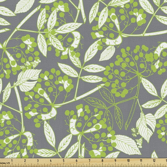 Ambesonne Vine Fabric by the Yard Upholstery, Botany Creeper Leaf Berry, 2 Yards, Apple Green White