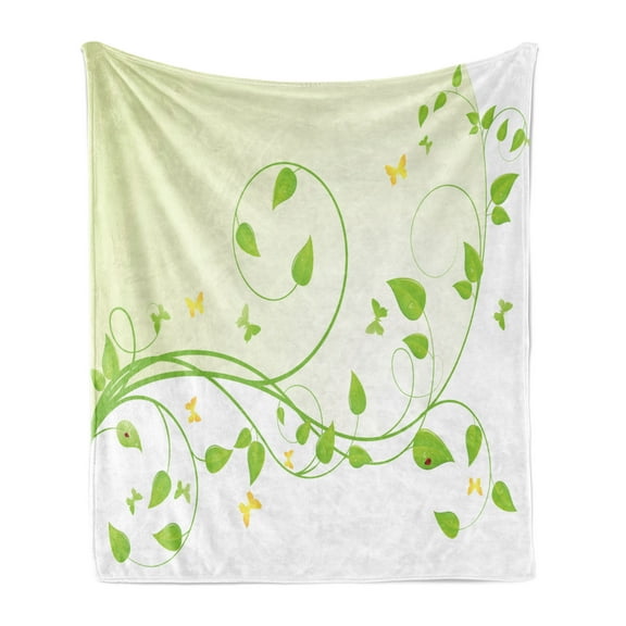 Vine Soft Flannel Fleece Throw Blanket, Flourishing Sapling Pattern with Butterflies and Ladybugs on Leaves, Cozy Plush for Indoor and Outdoor Use, 70" x 90", Lime Green Pale Green, by Ambesonne