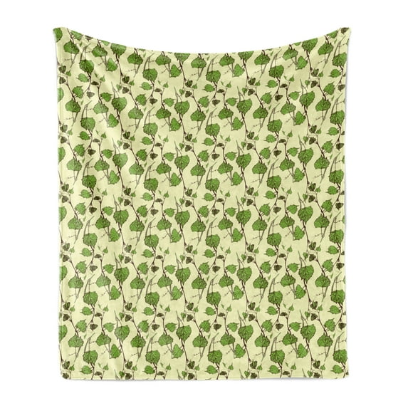 Vine Soft Flannel Fleece Throw Blanket, Grapevine Pattern with Repeating Hand-Drawn Green Leaves Illustration, Cozy Plush for Indoor and Outdoor Use, 60" x 80", Green Brown Cream, by Ambesonne