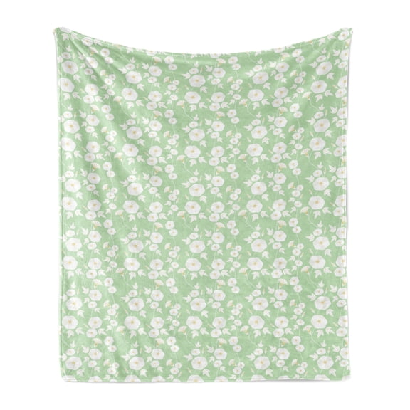 Vine Soft Flannel Fleece Throw Blanket, Silhouette Morning Glory Species Flower Pattern Gardening Art Theme, Cozy Plush for Indoor and Outdoor Use, 50" x 70", Pale Green Mustard, by Ambesonne