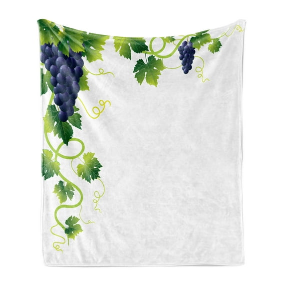 Vine Soft Flannel Fleece Throw Blanket, Summer Season Vineyard Composition Weeping Vines Bunch of Blue Grapes, Cozy Plush for Indoor and Outdoor Use, 70" x 90", Lime Green Emerald, by Ambesonne