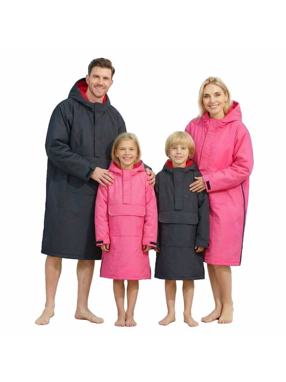 Fleece Lining Swim Parka for Adult Kids Youth, Comfort Waterproof Windproof Versatile Swim Jacket Change Poncho Coat with Large Front Pocket for Surfing Swimming Home