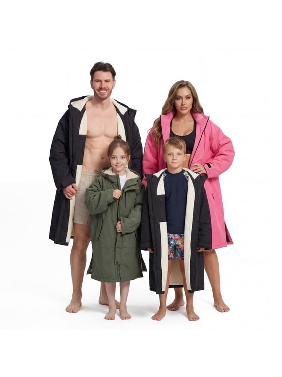 Swim Parka for Adult and Kids,Unisex Fleece Lined Hooded Swim Jacket,Waterproof Windproof Versatile Warm Coat Oversized Bat Wing Changing Poncho for Surfing Swimming