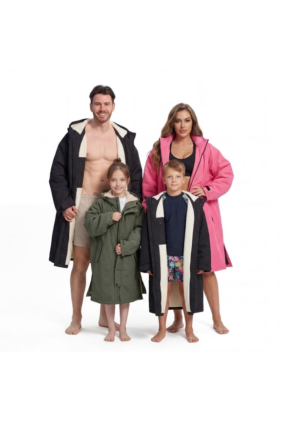 Swim Parka for Adult and Kids,Unisex Fleece Lined Hooded Swim Jacket,Waterproof Windproof Versatile Warm Coat Oversized Bat Wing Changing Poncho for Surfing Swimming