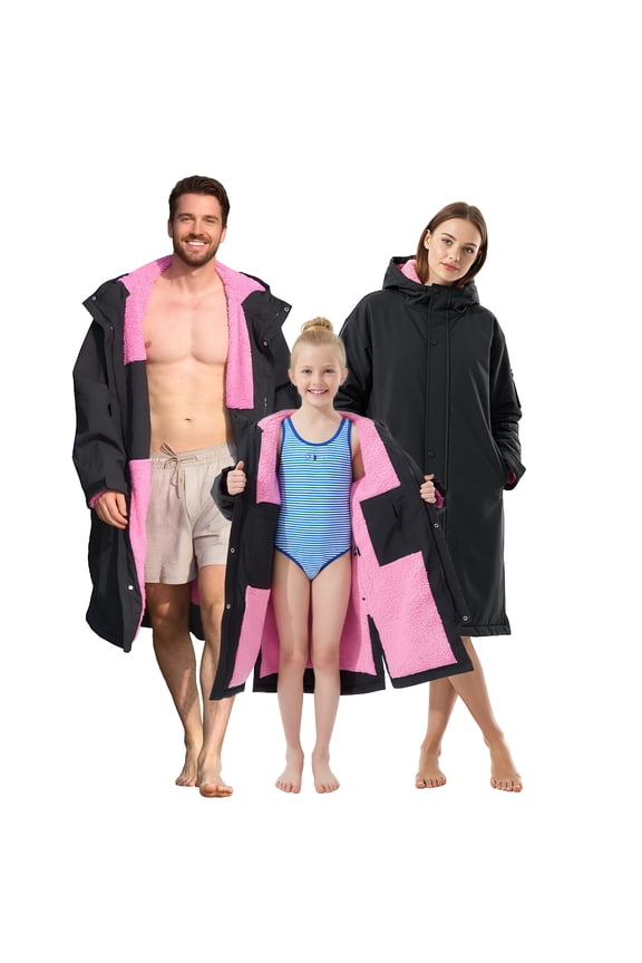 Unisex Swim Parka,Sherpa Fleece Lined Warm Coat,Windproof Waterproof Quick-dry Hooded Swim Jacket,Oversize Surf Poncho Changing Robe Parka for Adult & Kids