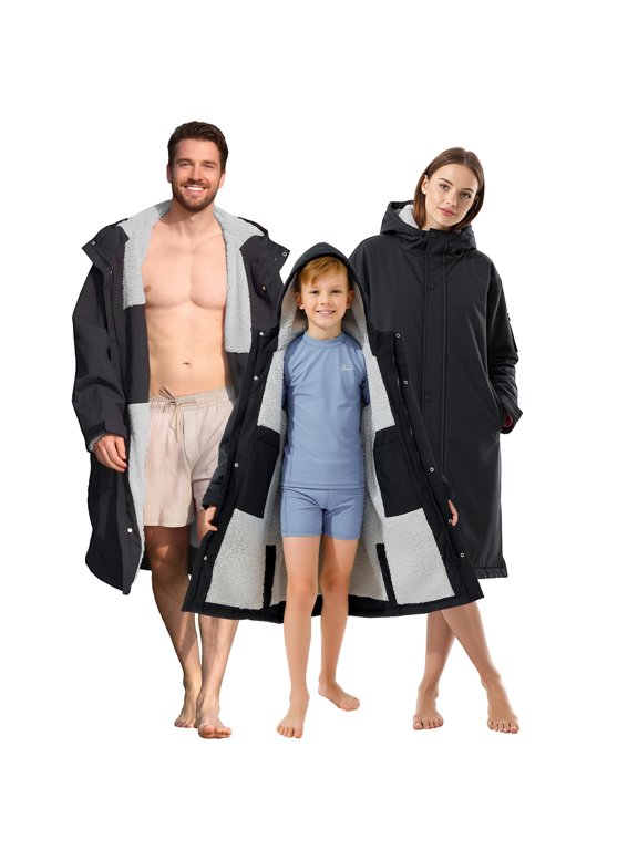 Unisex Swim Parka,Sherpa Fleece Lined Warm Coat,Windproof Waterproof Quick-dry Hooded Swim Jacket,Oversize Surf Poncho Changing Robe Parka for Adult & Kids