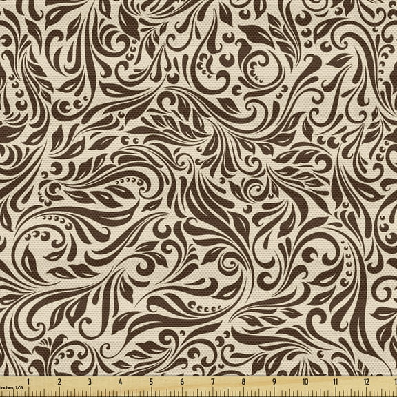 Vine Upholstery Fabric by the Yard, Illustration of Abstract Curly Floral Lines Classical Vintage Design Inspiration, Decorative Fabric for DIY and Home Accents, 2 Yards, Beige and Brown by Ambesonne