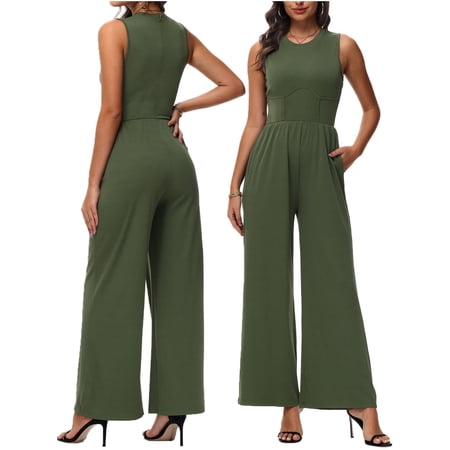 Vine Women Jumpsuits One Piece Jumpsuits for Women Dressy Casual Outfits Sleeveless Mock Neck Wide Leg Jumpsuits With Pockets S-2XL