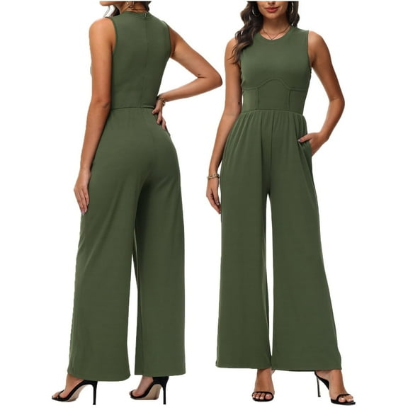 Vine Women Jumpsuits One Piece Jumpsuits for Women Dressy Casual Outfits Sleeveless Mock Neck Wide Leg Jumpsuits With Pockets S-2XL