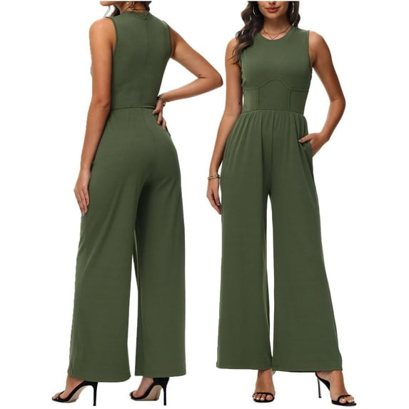 Vine Women Jumpsuits One Piece Jumpsuits for Women Dressy Casual Outfits Sleeveless Mock Neck Wide Leg Jumpsuits With Pockets S-2XL