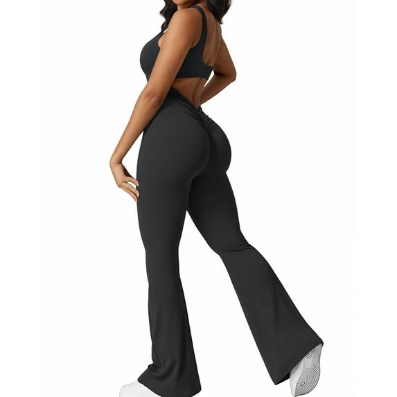 Vine Women Jumpsuits Sleeveless One Piece Sexy Flare Yoga Workout V Back Scrunch Butt Stretch Jumpsuit,Bell Bottoms Flare Jumpsuits Butt Lifter Bodysuit Jumpsuits for Women