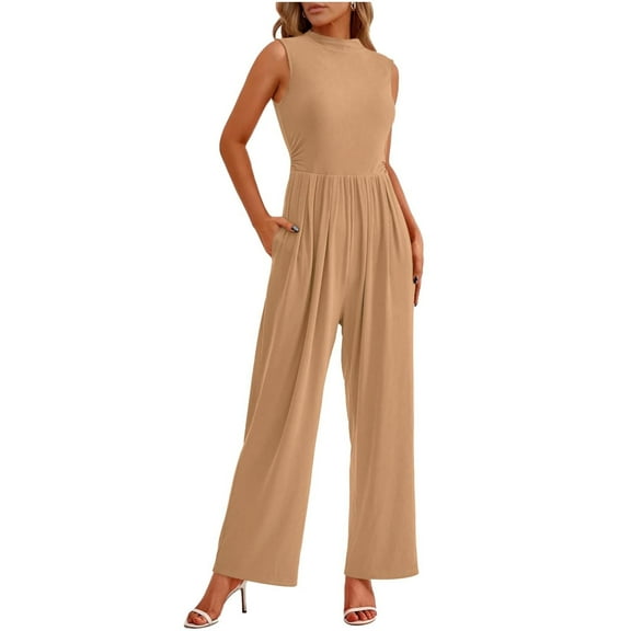 Vine Womens Summer One Piece Jumpsuits Dressy Casual Outfits Sleeveless Mock Neck Wide Leg Pants Rompers With Pockets