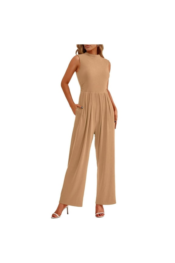 Womens Summer One Piece Jumpsuits Dressy Casual Outfits Sleeveless Mock Neck Wide Leg Pants Rompers With Pockets