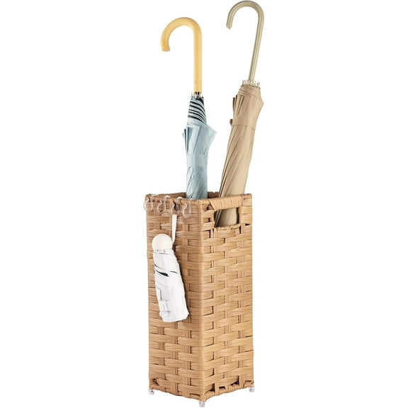 Rattan Umbrella Stand, Umbrella Holder for Entryway, Hand Woven Umbrella Rack Organizer Freestanding, with a Detachable Drip Tray, 4 Hooks, 6.5" L x 6.5" W x 16.5" H