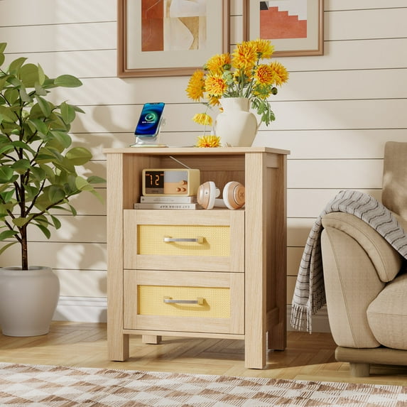 Vineego 1 Piece Rattan Nightstand with Power Outlet, End Table Beside Table with 2 Drawers & 1 Open Shelf for Bedroom Living Room, Beige