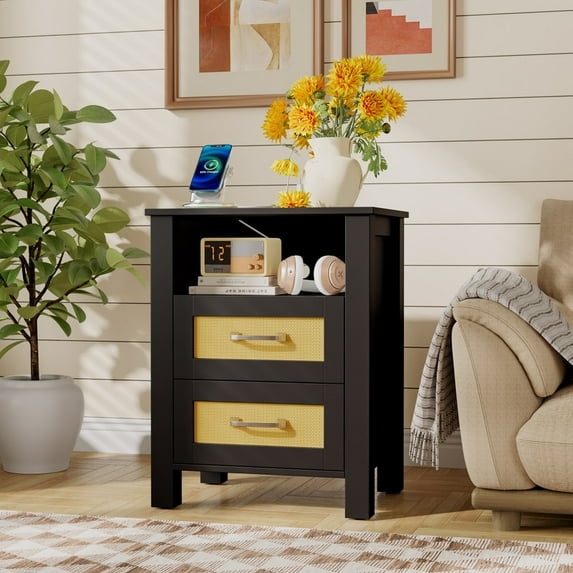 Vineego 1 Piece Rattan Nightstand with Power Outlet, End Table Beside Table with 2 Drawers & 1 Open Shelf for Bedroom Living Room, Black