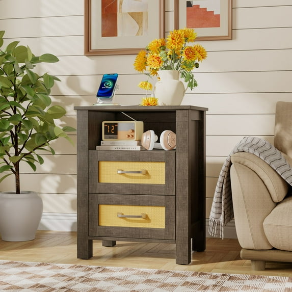 Vineego 1 Piece Rattan Nightstand with Power Outlet, End Table Beside Table with 2 Drawers & 1 Open Shelf for Bedroom Living Room, Gray