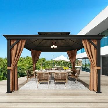 Vineego 10x12 Ft Hardtop Gazebo with Netting and Curtains Heavy Duty Double Roof Galvanized Steel Outdoor Combination for Patio,Backyard,Deck,Lawn