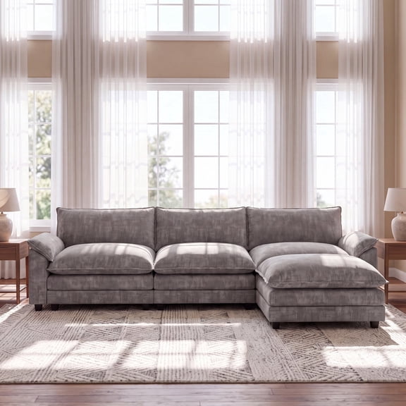 Lumihaven 119" 3-Seat Modular Sectional Sofa, L-Shaped Cloud Couch with Movable Ottoman for Living Room, Upholstered Sofa, New Gray