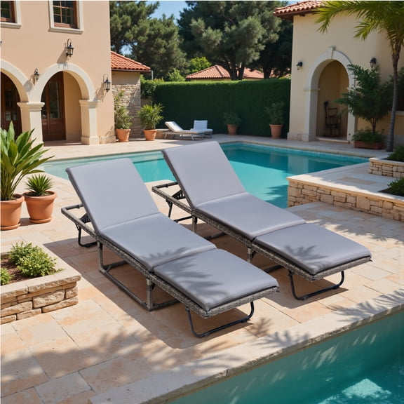 Vineego 2 PCS Patio Lounge Chairs Outdoor Furniture Set PE Rattan Adjustable Chaise for Pool,Gray