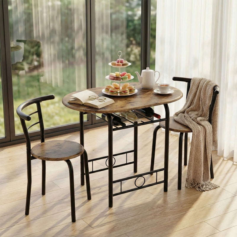 Vineego 3-Piece Dining Set for 2,Small Space Saving Kitchen Breakfast Table and 2 Wooden Chairs,Brown