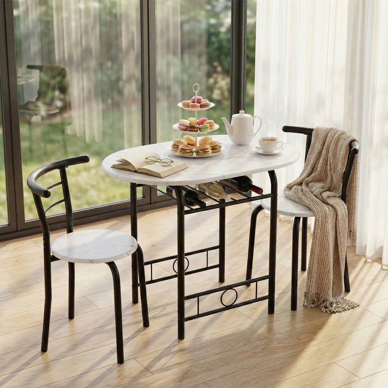 Vineego 3-Piece Dining Set for 2,Small Space Saving Kitchen Breakfast Table and 2 Wooden Chairs,White and Black