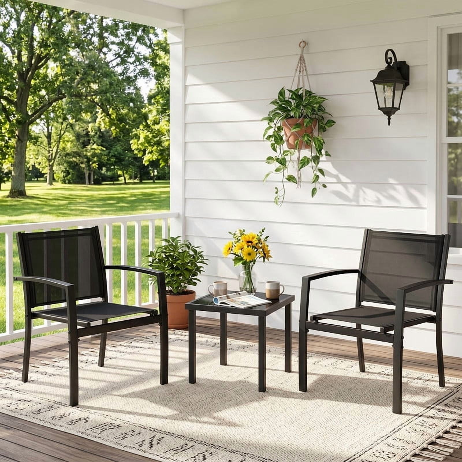 Vineego 3-Piece Outdoor Bistro Set, Breathable Textilene Chairs & Glass Coffee Table for Patio Balcony,Space-Saving Patio Essentials