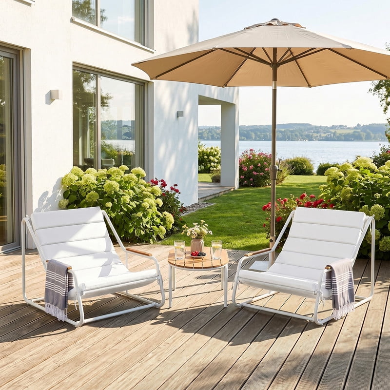 Vineego 3-Piece Outdoor Patio Conversation Bistro Set with Acacia Wood Side Table,Weather-Resistant Modern Lounge Chairs for Balcony, Backyard, Porch, Poolside, white