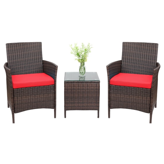 Vineego 3 Piece Outdoor Patio Furniture PE Rattan Wicker Bar Set with Tempered Glass, Red