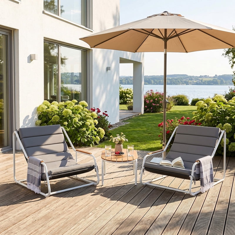Vineego 3-Piece Patio Furniture Set with Acacia Wood Table,Modern Outdoor Lounge Chairs,All-Weather Steel Conversation Set for Backyard, Poolside, Balcony, Gray