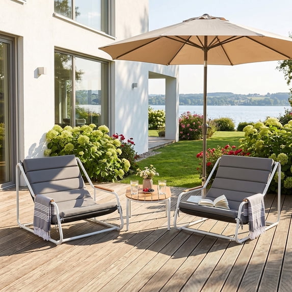 Vineego 3-Piece Patio Furniture Set with Acacia Wood Table,Modern Outdoor Lounge Chairs,All-Weather Steel Conversation Set for Backyard, Poolside, Balcony, Gray